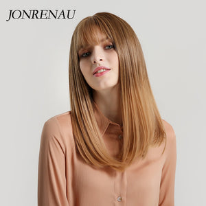 JONRENAU kaküllü Uzun Kahverengi Karışık Sarı Renk Saç Elyafı Sentetik Düz Kadın Doğal Peruk