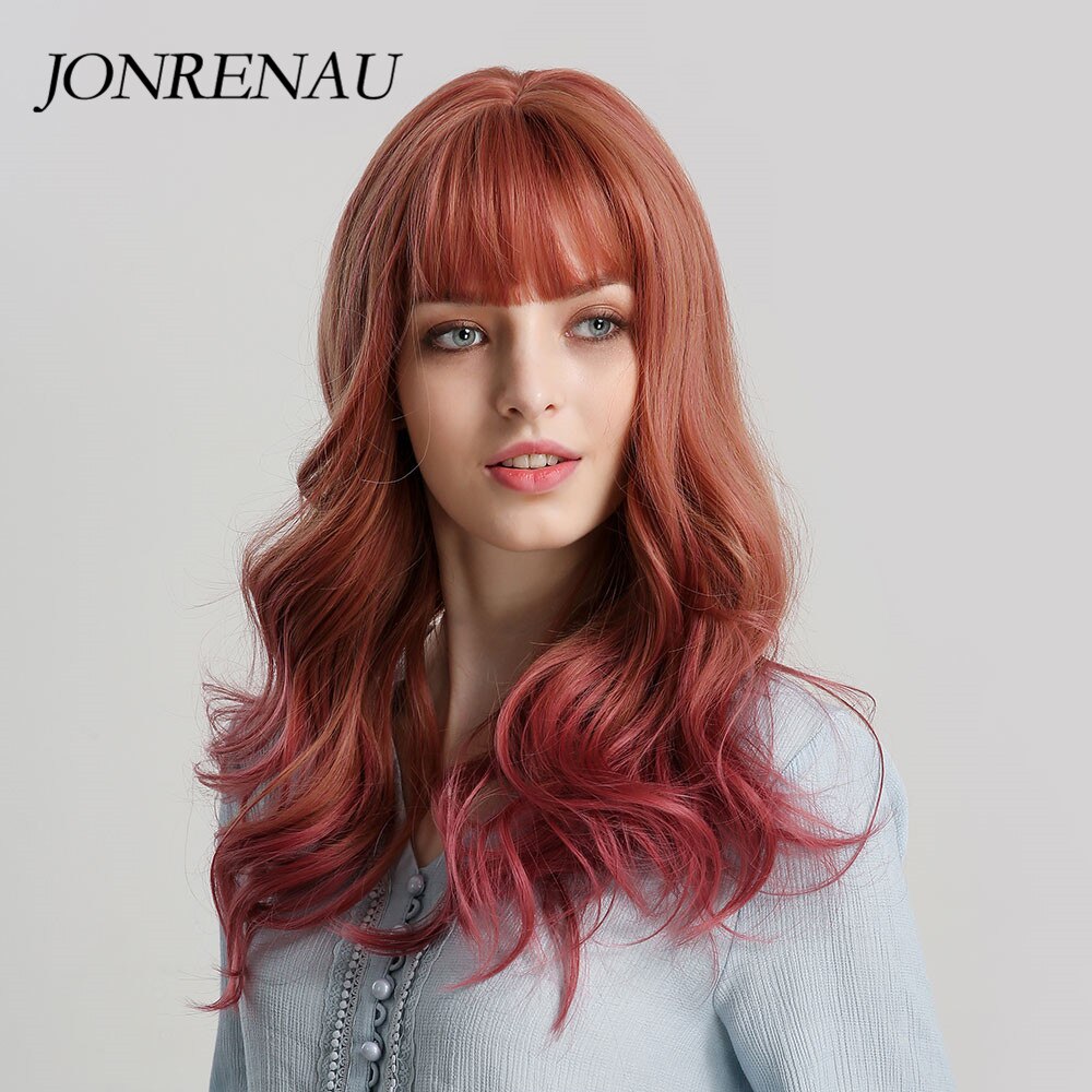 JONRENAU Kakülü Turuncu ve Şarap Kırmızısı Ombre Renkli Fiber Sentetik Uzun Vücut Dalgası Saç Peruk