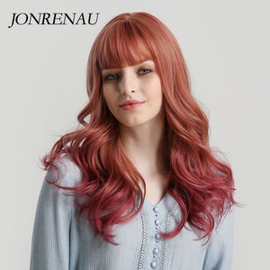 JONRENAU Kakülü Turuncu ve Şarap Kırmızısı Ombre Renkli Fiber Sentetik Uzun Vücut Dalgası Saç Peruk